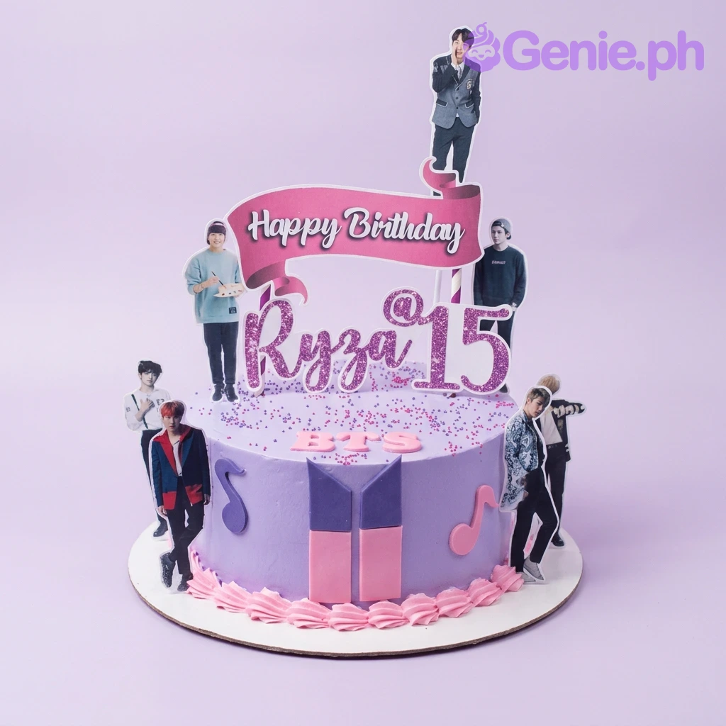 BTS Kpop-Inspired Lavender Birthday Cake Purple BTS themed birthday cake for Ryza's 15th birthday with K-pop member printouts and pink icing border.