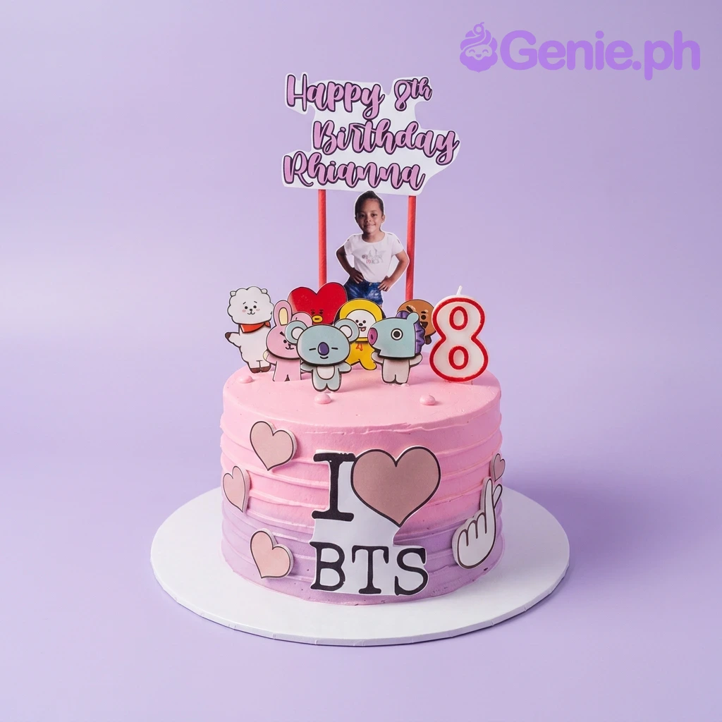 BTS Kpop-Inspired Pink Birthday Cake Pink and purple gradient BTS themed birthday cake with BT21 character toppers and a photo of the birthday girl.