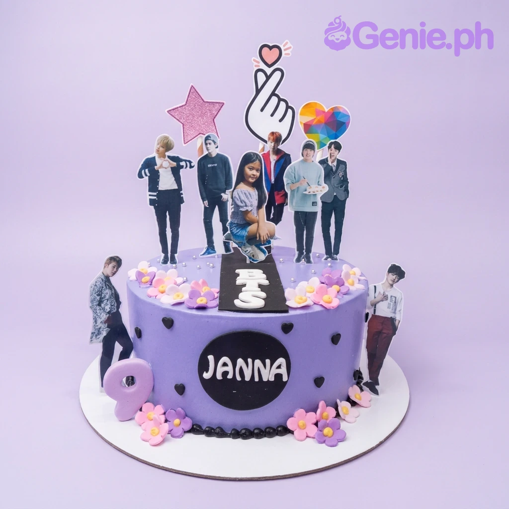 BTS Kpop-Inspired Purple Floral Birthday Cake Purple BTS K-pop themed birthday cake for Janna with character printouts, pink flowers, and a finger heart topper.