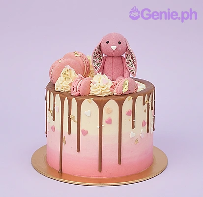 Bunny White Birthday Cake Pink ombre 1-tier cake with a fondant bunny topper and pink macarons