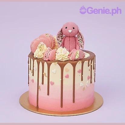 Bunny White Birthday Cake Pink ombre 1-tier cake with a fondant bunny topper and pink macarons