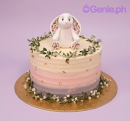 Bunny White Floral Birthday Cake Pink and white gradient 1-tier cake with a 3D bunny topper and floral accents