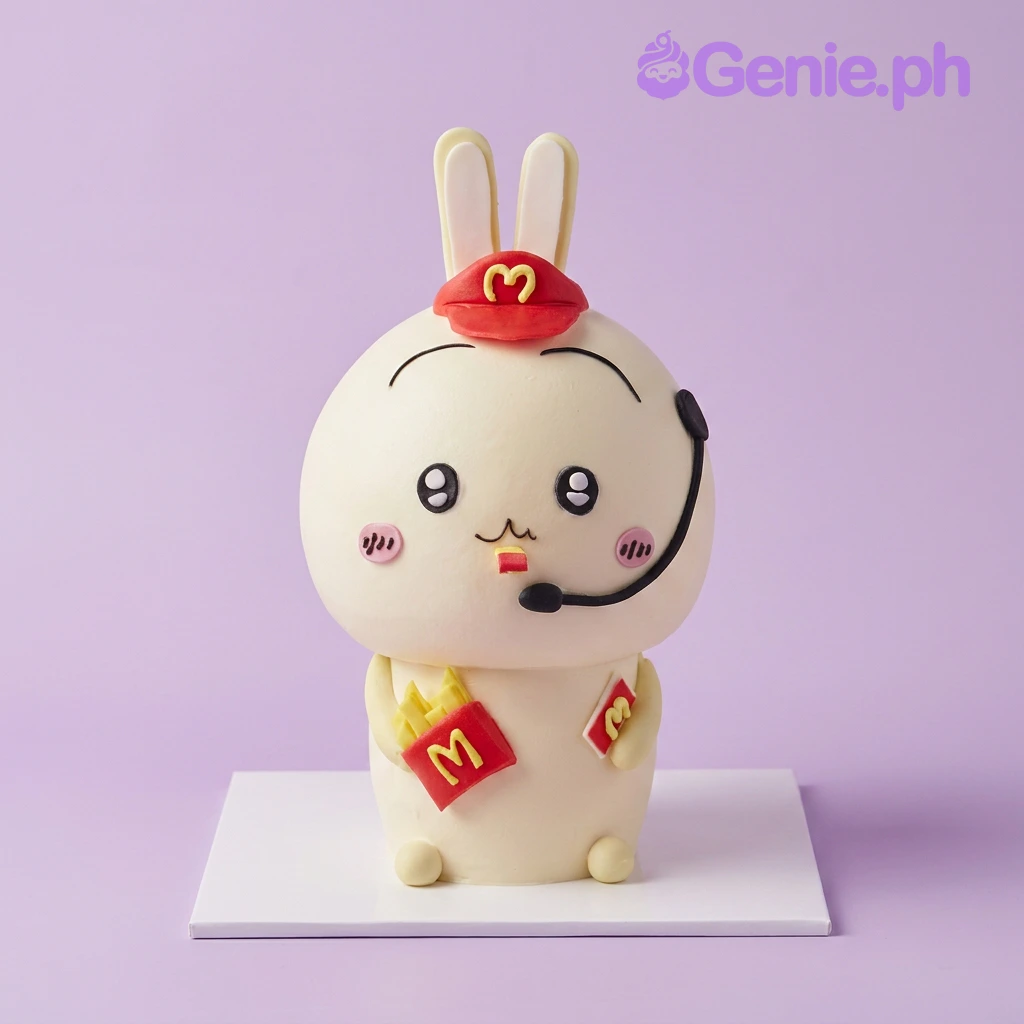 Bunny Character Ivory Cake Ivory 1 tier fondant cake with a bunny character featuring a red hat, black headset, box of fries, red card, and icing facial details