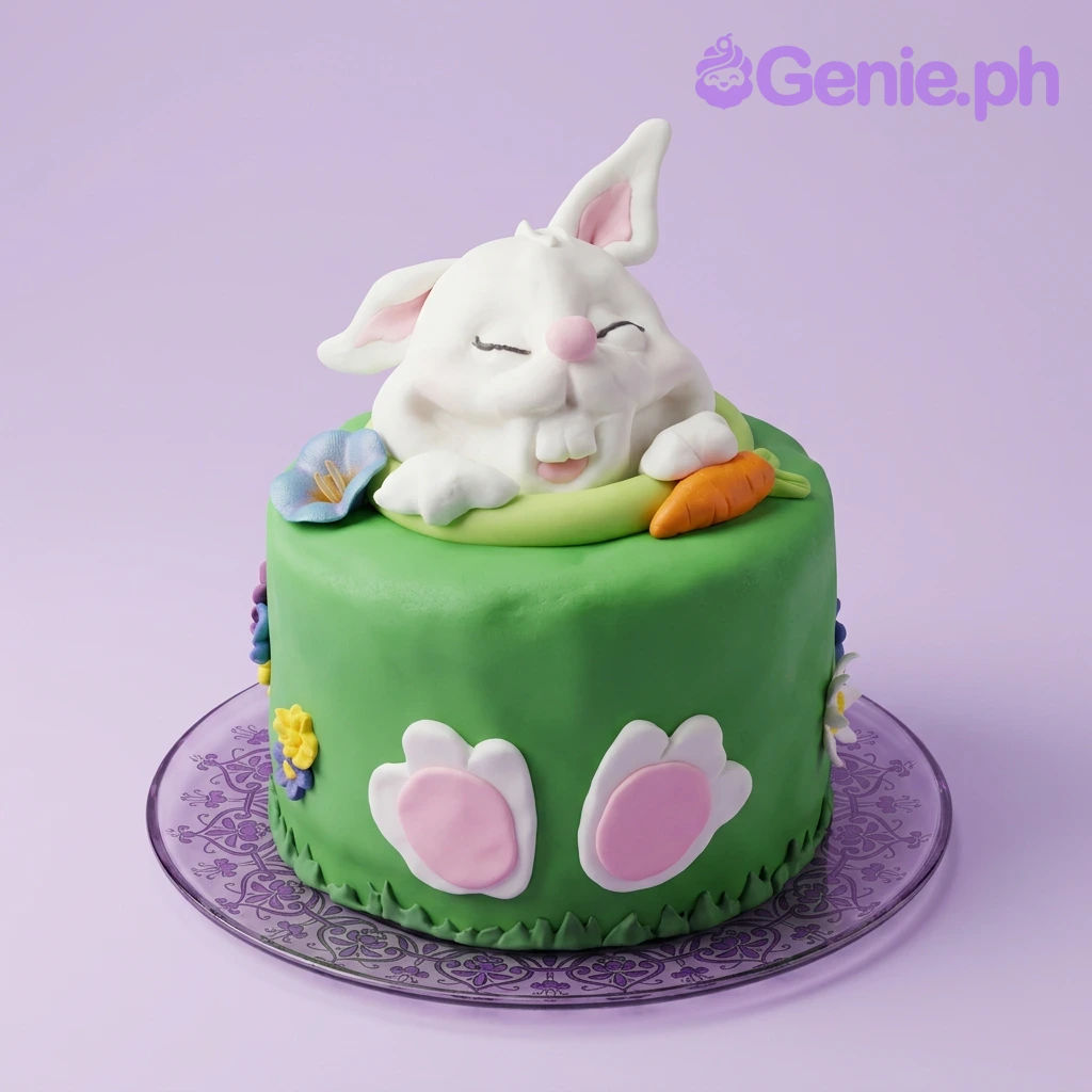 Bunny Garden Green Floral Birthday Cake A green 1 Tier Fondant cake themed around Bunny Garden, featuring a large white 3D bunny, a carrot, and colorful flowers.