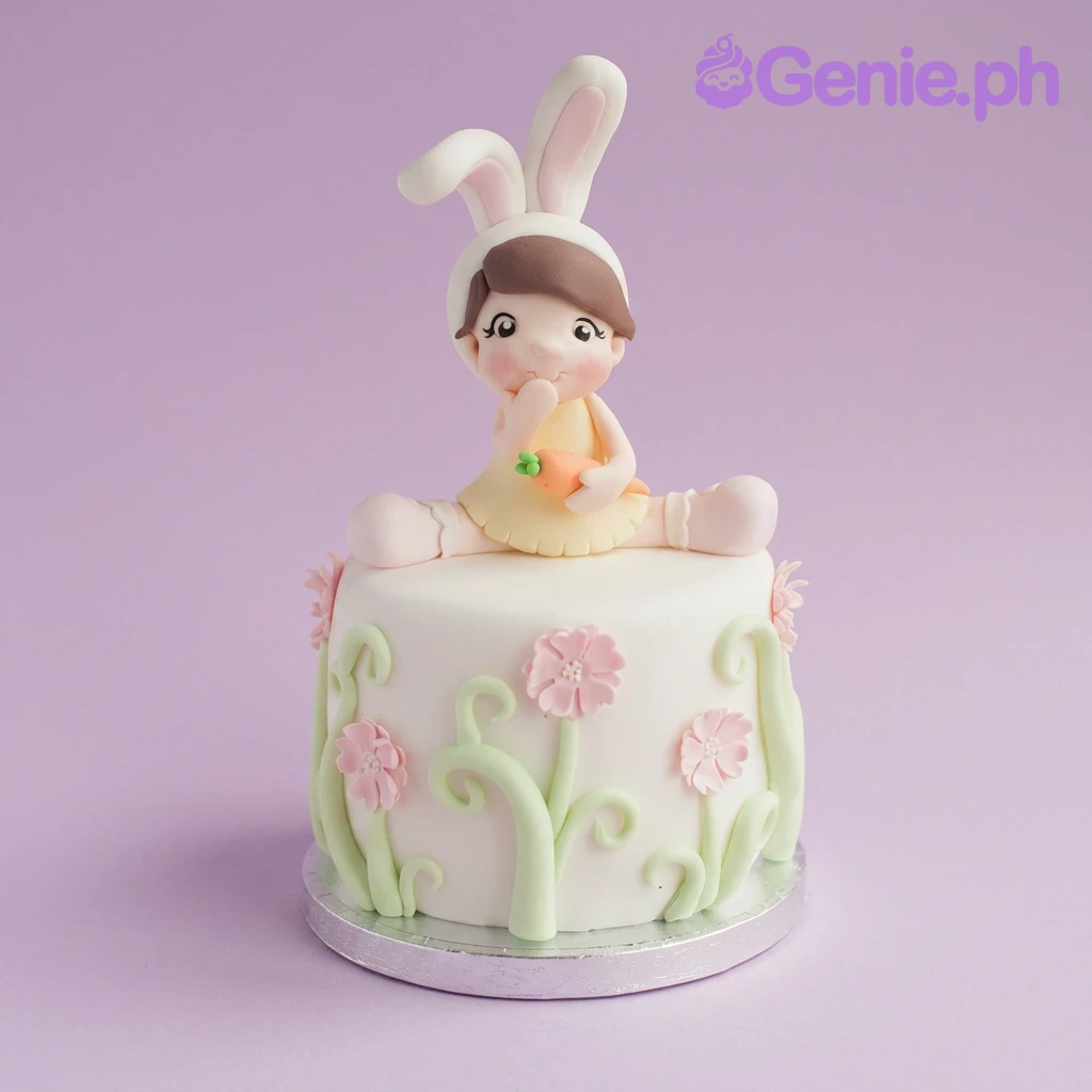 Bunny Girl White Floral Birthday Cake A white 1 Tier Fondant Bunny Girl cake, featuring an edible bunny girl figure, accented with pink flowers and green vines.