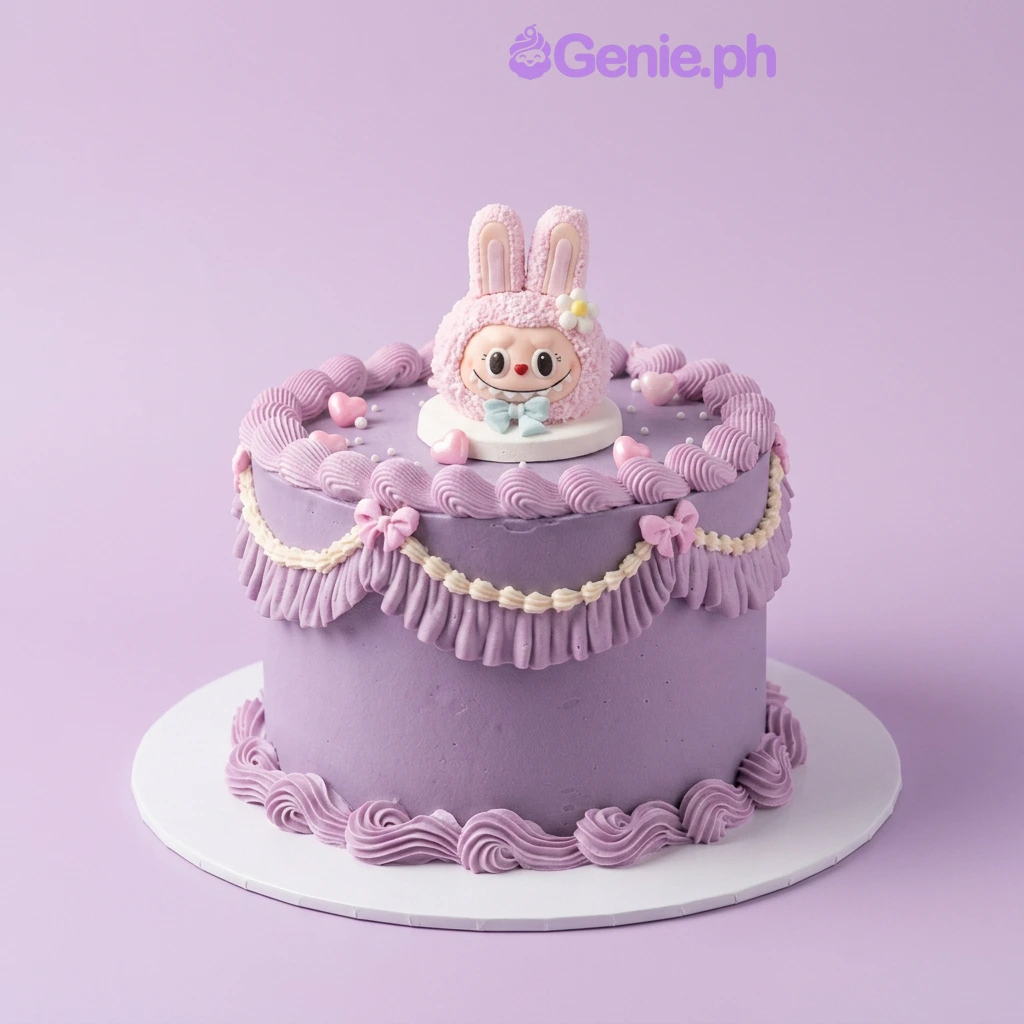 Bunny Lavender Birthday Cake Lavender 1-tier cake with a 3D bunny character topper and pink fondant bows