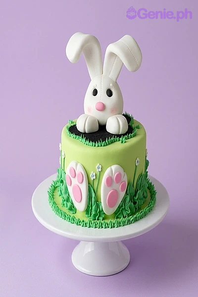 Bunny Mint Floral Birthday Cake A light green 1 Tier Fondant Bunny cake with a 3D white bunny topper, green grass, white flowers, and fondant paws.