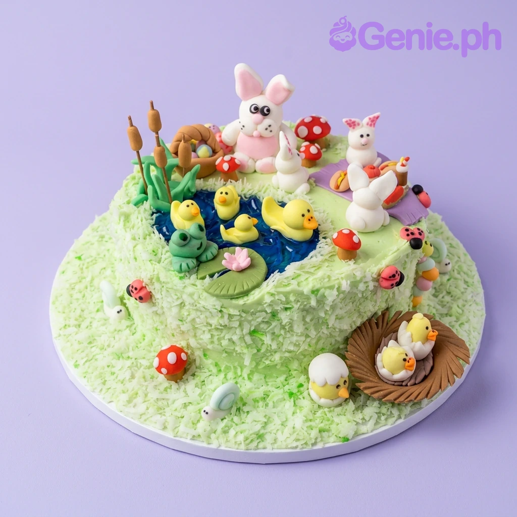 Bunny Nature Mint Birthday Cake A green and blue 1-tier cake themed around Bunny Nature, featuring fondant bunnies, ducks, a frog, and mushrooms.