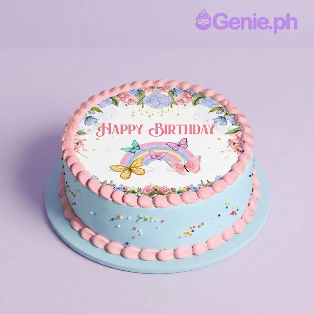Butterfly Birthday White Cake Light blue birthday cake with pink piped border and edible photo top featuring butterflies and rainbow