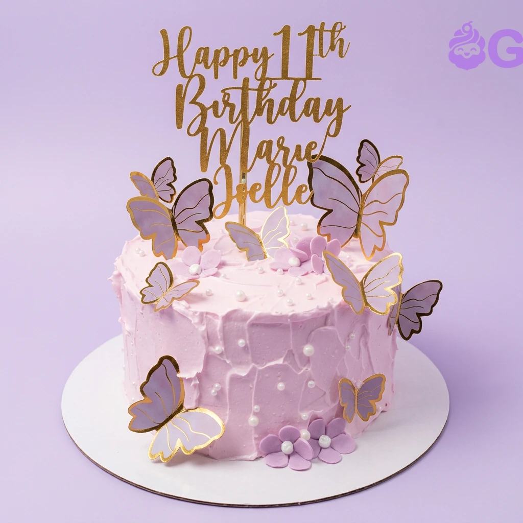 Butterfly Pink Floral Birthday Cake Pink textured soft icing cake with purple butterflies, fondant flowers, and a gold glitter Happy 11th Birthday Marie Joelle topper.