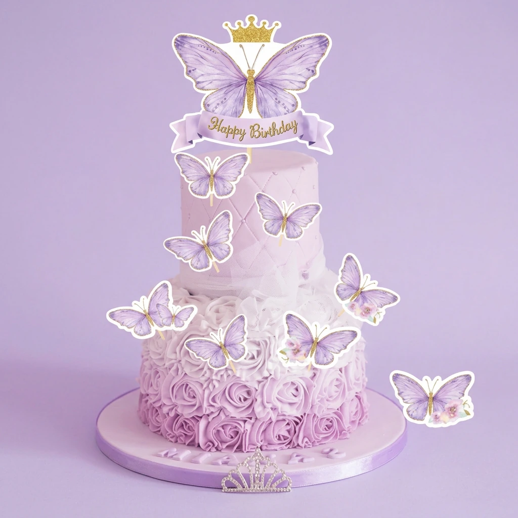 Two-tier lavender and pink butterfly birthday cake with a gold crown topper and piped icing rosettes. Two-tier lavender and pink butterfly birthday cake with a gold crown topper and piped icing rosettes.