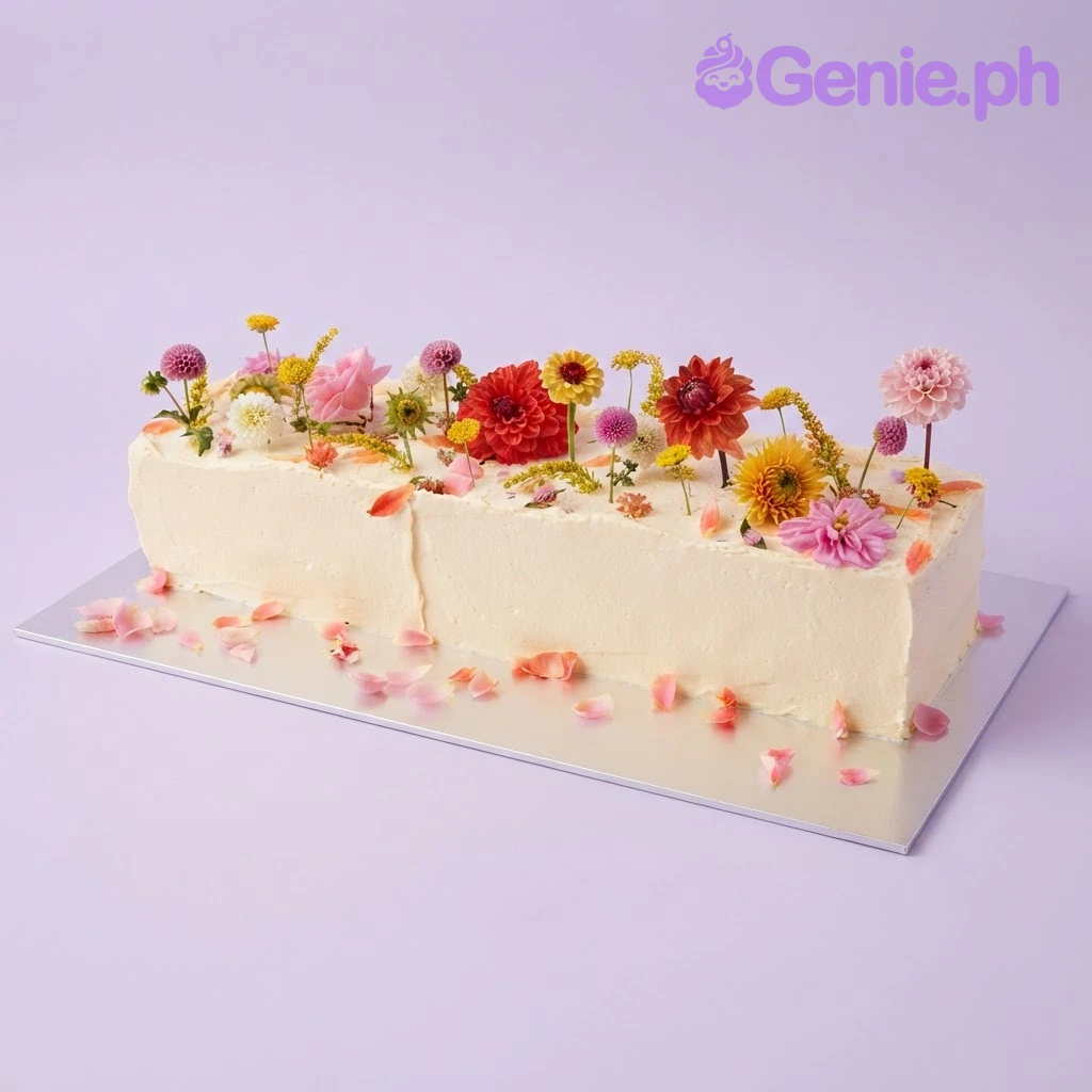 Floral Slab Ivory Birthday Cake Ivory slab cake with smooth soft icing decorated with a vibrant array of colorful edible flower blooms