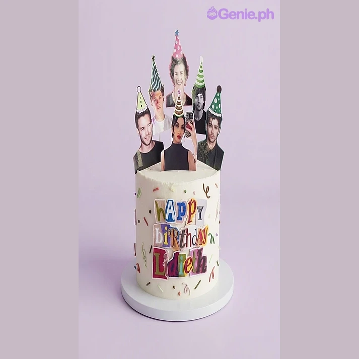 Celebrity Birthday White Memory Cake White 1-tier Memory Cake with soft icing, colorful sprinkles, and printed celebrity cutouts wearing party hats