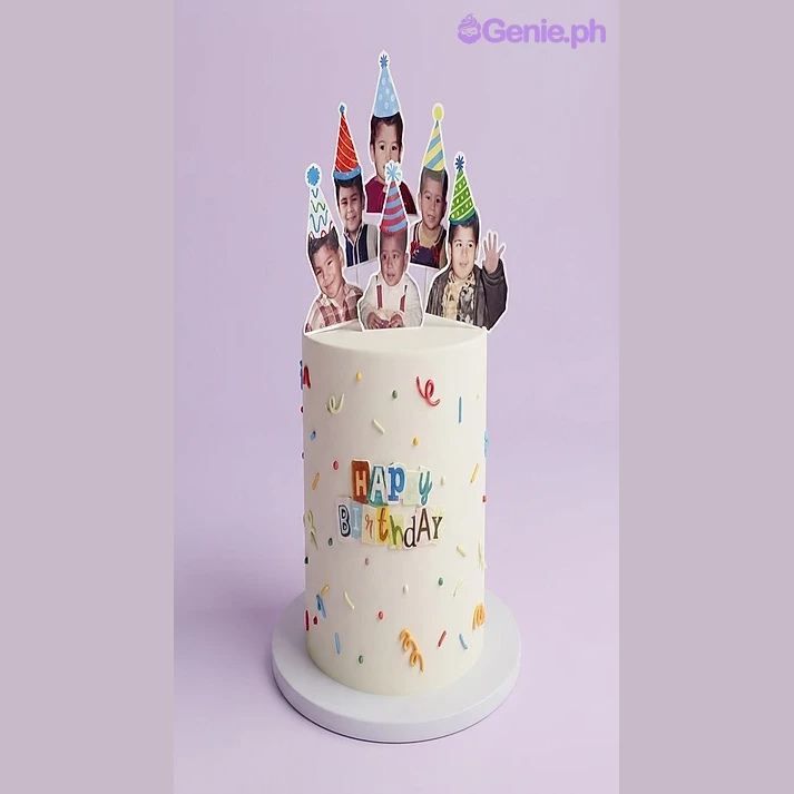 Photo Birthday Ivory Cake Ivory 1-tier cake with soft icing, colorful sprinkles, and six printed photo toppers of children wearing party hats