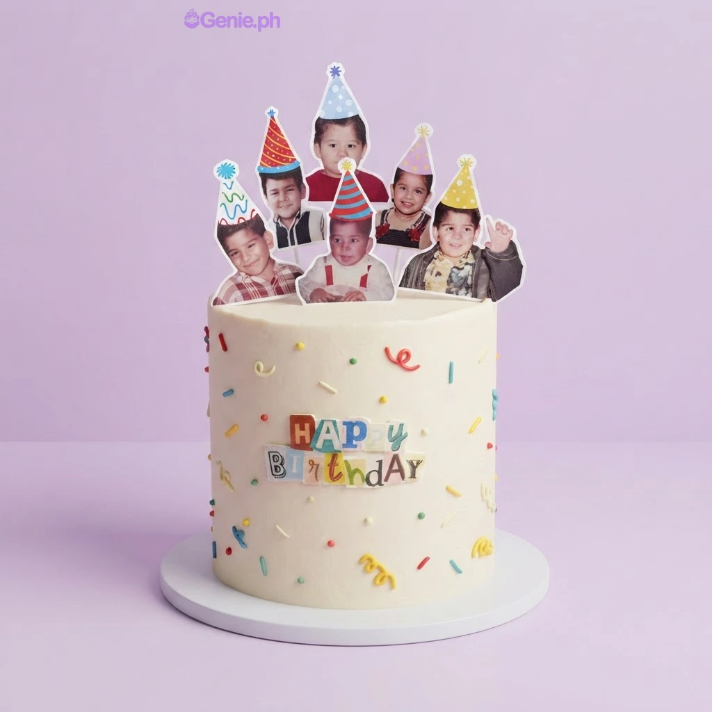 White 1-tier cake with colorful sprinkles, a printed Happy Birthday sign, and photo cutouts of children wearing party hats as toppers