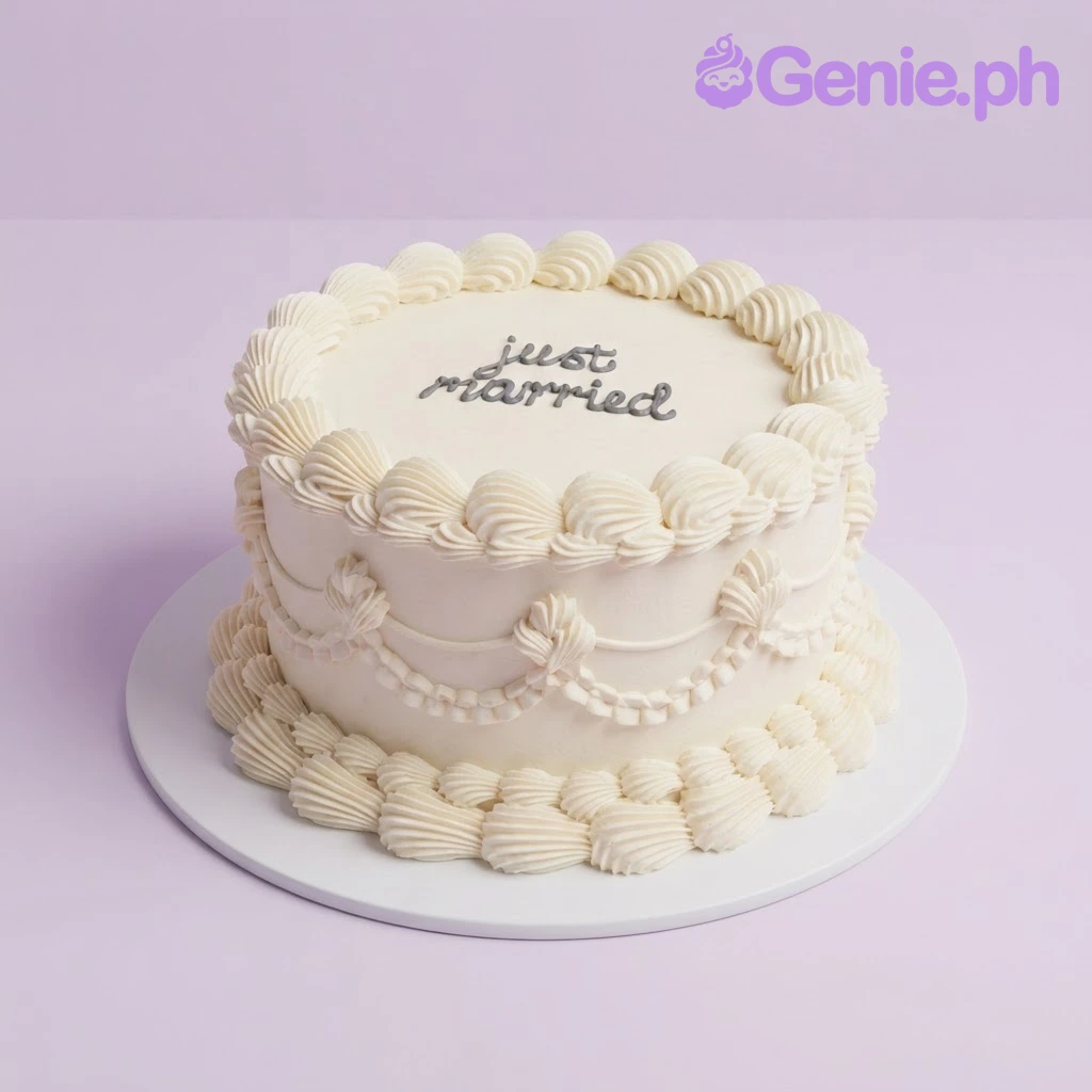 Just Married White Wedding Cake White 1-tier cake with smooth soft icing, piped shell borders, piped swags on the side, and black piped text on top