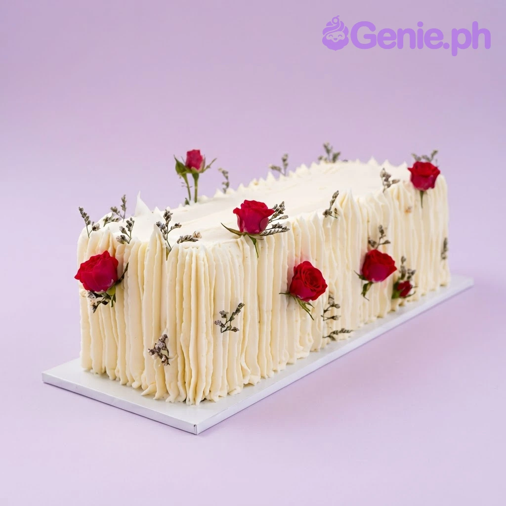 Floral Rectangle White Cake White rectangular cake with smooth soft icing, red roses, and small filler flowers