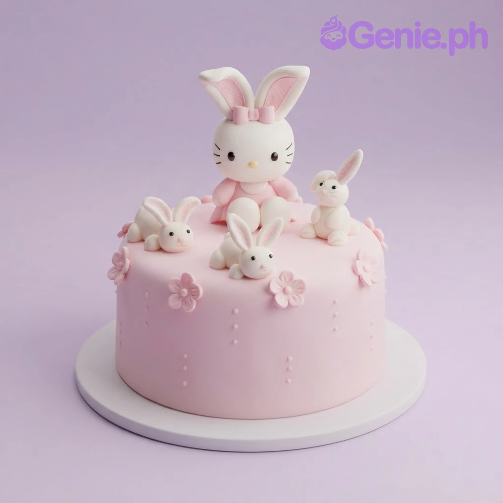 Hello Kitty-Inspired Bunny Pink Floral Cake Light pink 1-tier fondant cake with a Hello Kitty bunny topper, small white bunnies, and sugar flowers