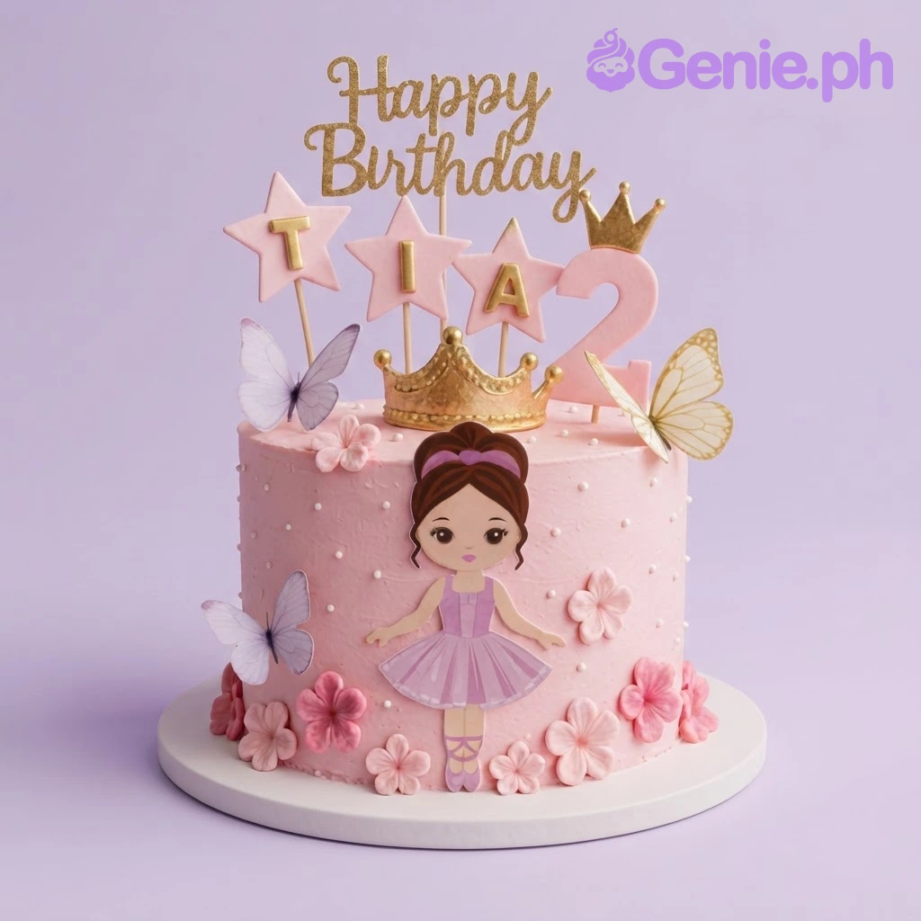 Ballerina Birthday Pink Floral Cake Pink 1-tier birthday cake with a ballerina printout, gold crown, and floral accents