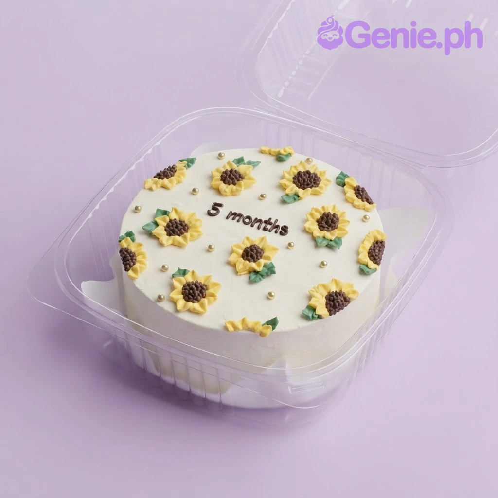 Sunflower Bento White Floral Cake White bento cake with soft icing, piped sunflower decorations, and a black iced month message
