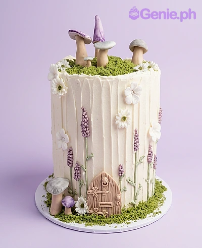 Fairy Garden Ivory Floral Birthday Cake Ivory soft-icing cake with a fairy garden theme, featuring fondant mushrooms, a fairy door, and piped lavender flowers.