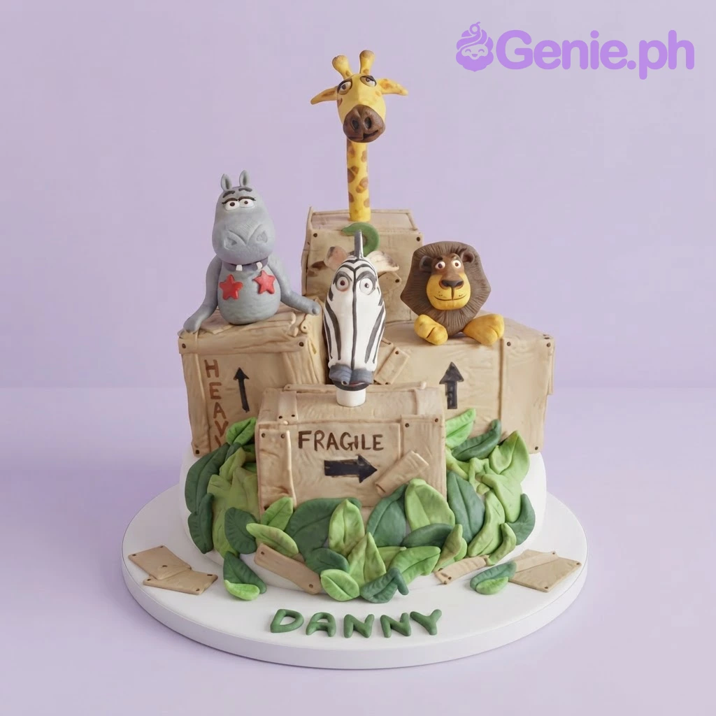 White 1-tier fondant cake with Madagascar animal characters on fondant shipping crates and green leaf accents White 1-tier fondant cake with Madagascar animal characters on fondant shipping crates and green leaf accents