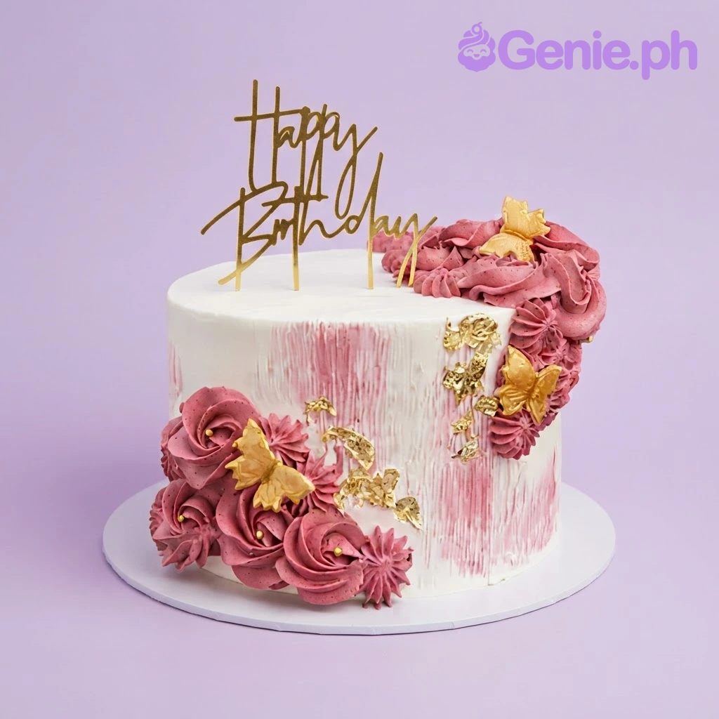 Gold Pink Birthday White Floral Cake White 1-tier cake with soft icing, Gold Pink Birthday theme, pink piped buttercream flowers, and gold butterflies
