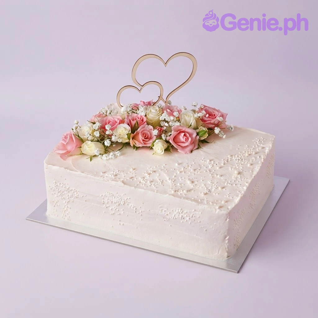 Floral Wedding White Rectangle Cake Crisp white rectangle cake with smooth soft icing, floral wedding theme, pink and white fondant roses, and a cardstock hearts topper