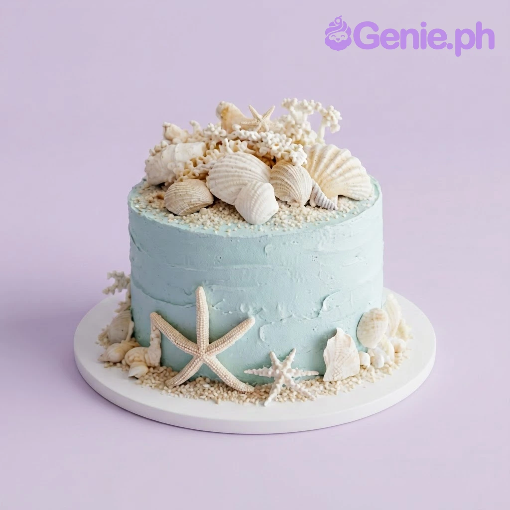 Beach Theme Sky Blue Cake Sky blue 1-tier cake with soft icing, beach theme, a fondant seashell cluster, and graham sand