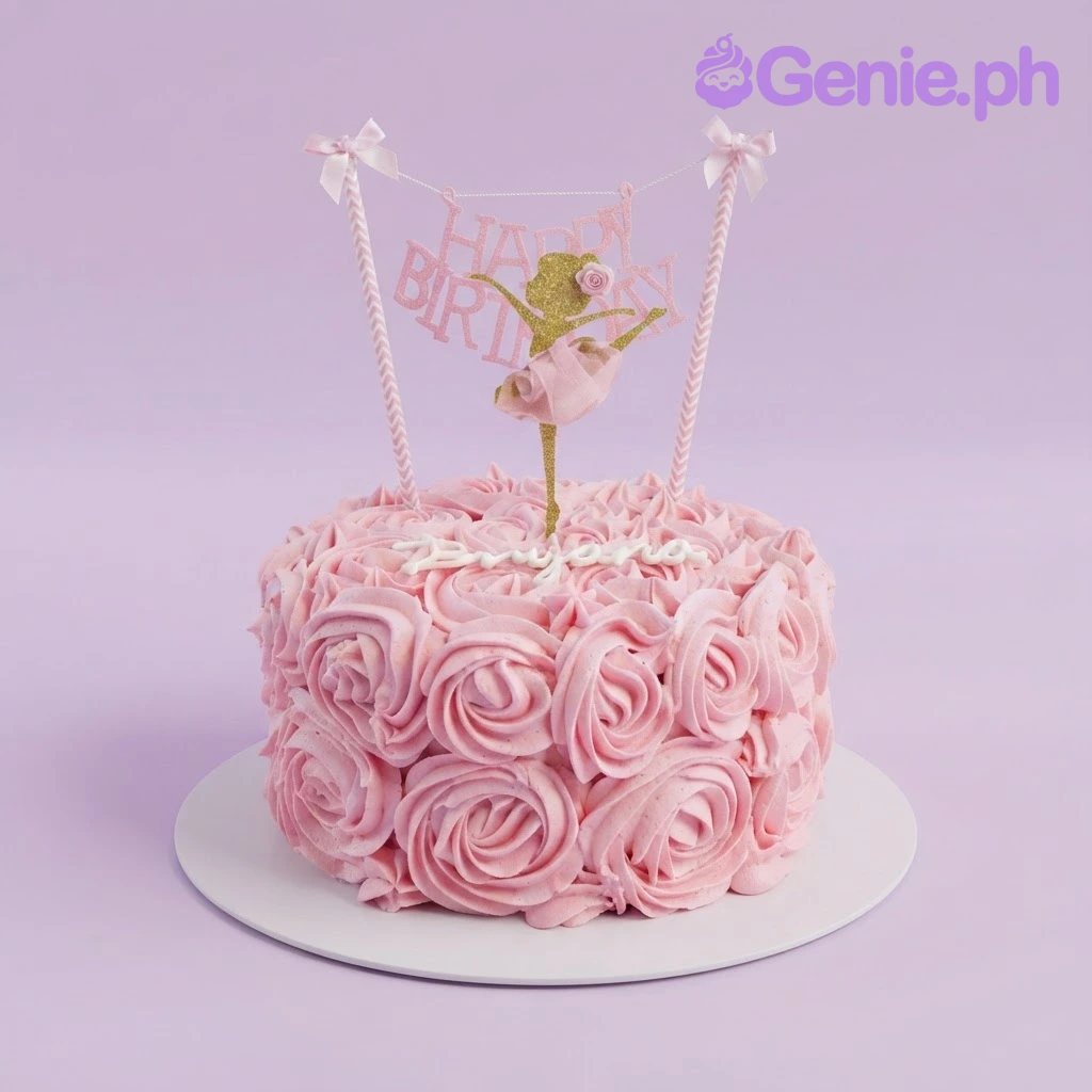 Ballerina Birthday Pink Glitter Cake Pink 1-tier soft icing cake covered in piped rosettes with a gold glitter ballerina topper and white piped name