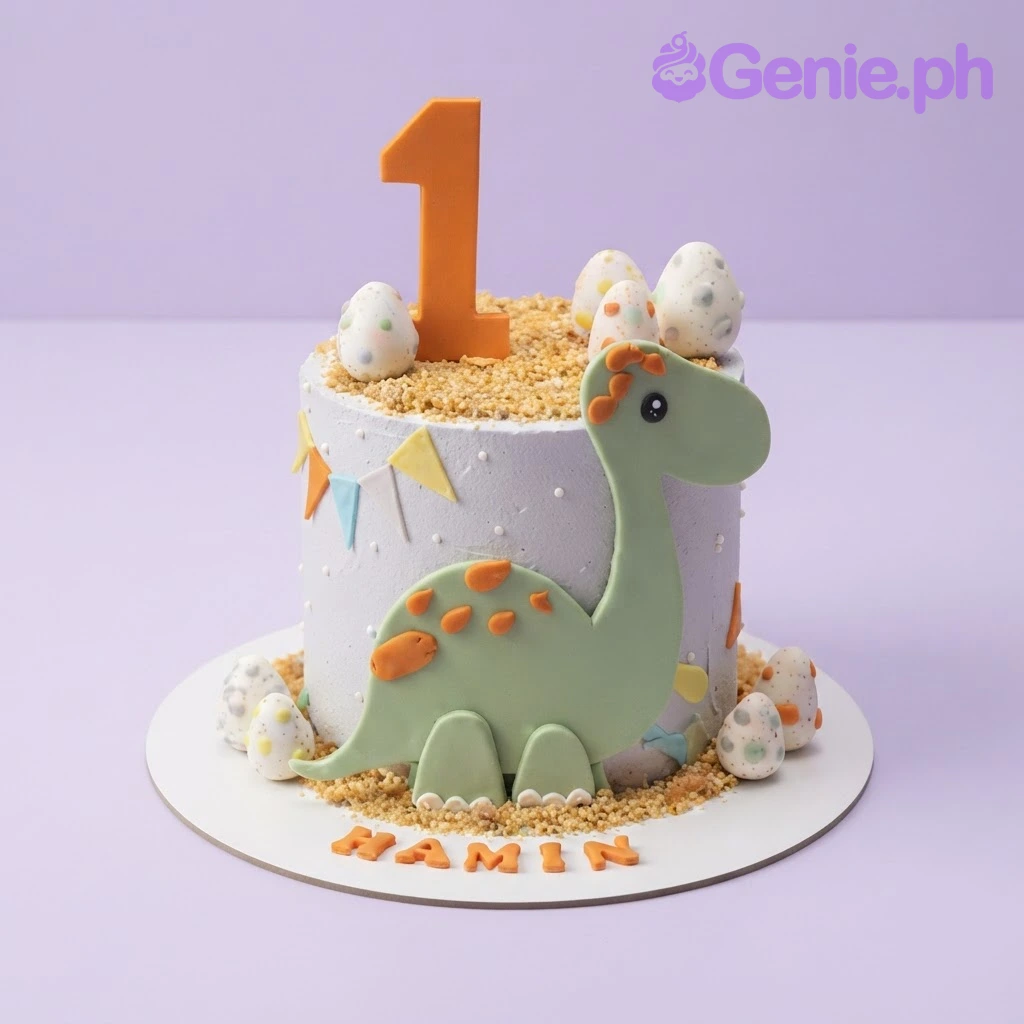 Dinosaur Sky Blue Birthday Cake Light blue 1-tier birthday cake with smooth icing, a dinosaur plaque, number one topper, and molded eggs