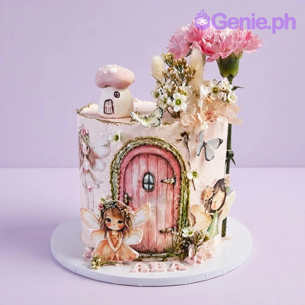 Fairytale Ivory Floral Cake Cream 1-tier cake with soft icing finish, Fairytale theme, a mushroom house, and pink edible flowers
