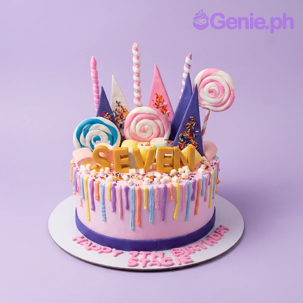 Candy Drip Pink Birthday Cake Pink birthday cake with colorful icing drips, marshmallows, and candy-themed toppers including lollipops and gumpaste triangles.