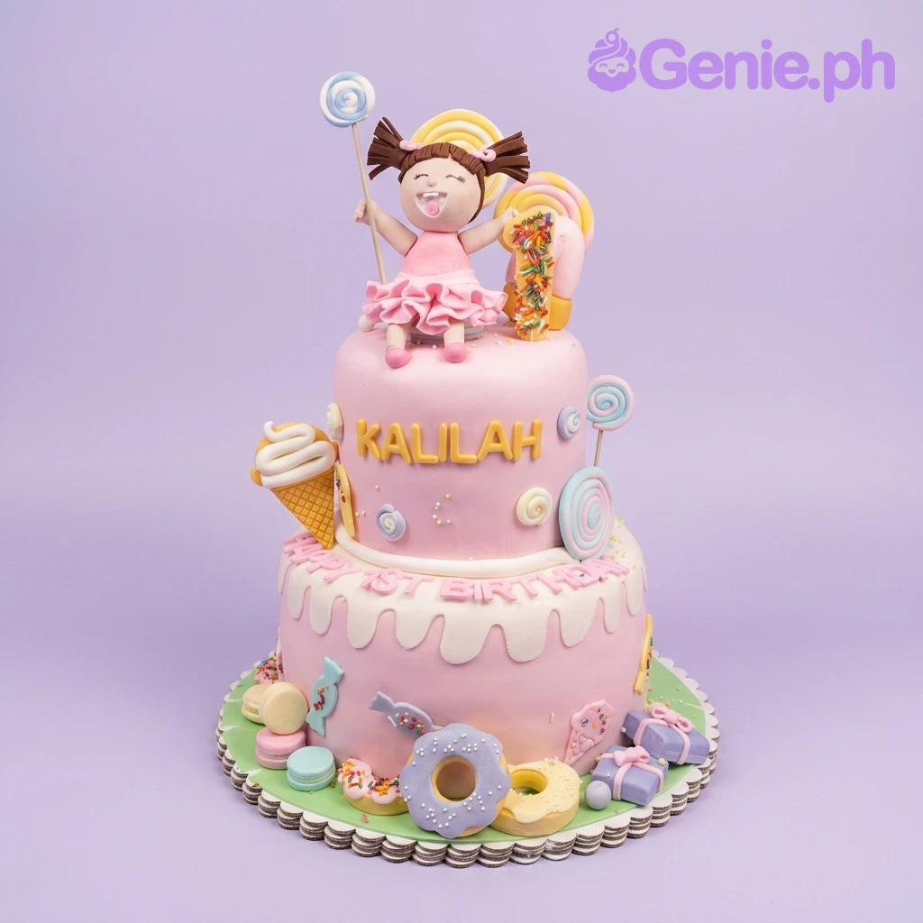Candy Themed Pink 2-Tier Birthday Cake Two-tier pink fondant candy-themed birthday cake with a 3D girl figure, lollipops, donuts, and ice cream decorations.