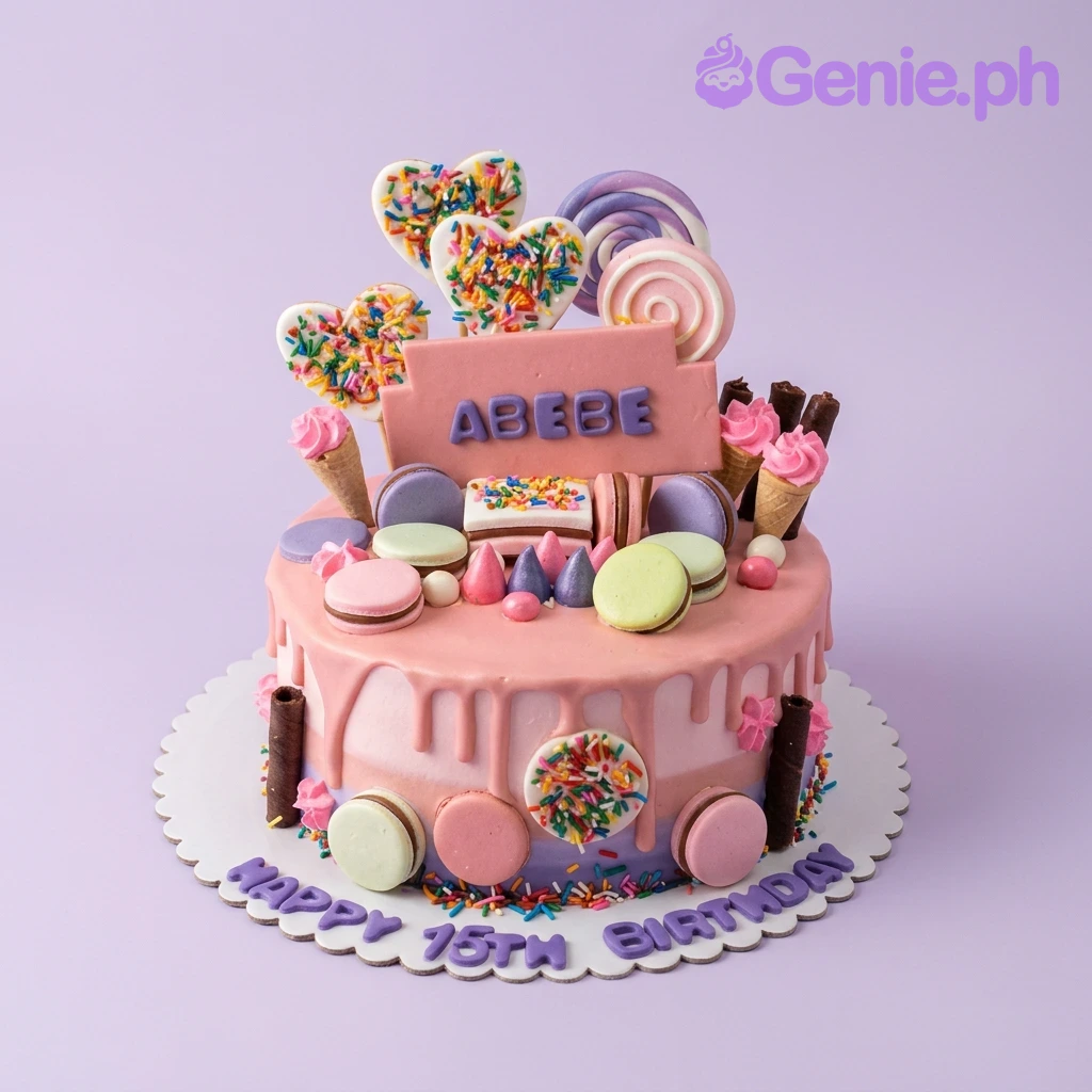 Candy Themed Pink Heart Birthday Cake Pink and purple candy-themed birthday cake with macarons, ice cream cones, and heart-shaped toppers with sprinkles.