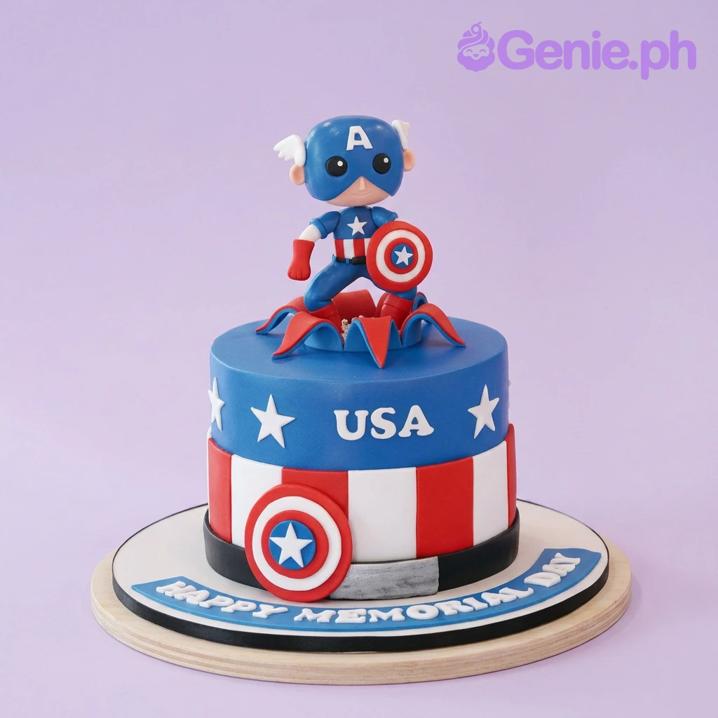 Captain America-Inspired Birthday Cake Blue and red Captain America themed fondant cake with a character figure on top and shield emblem on the side