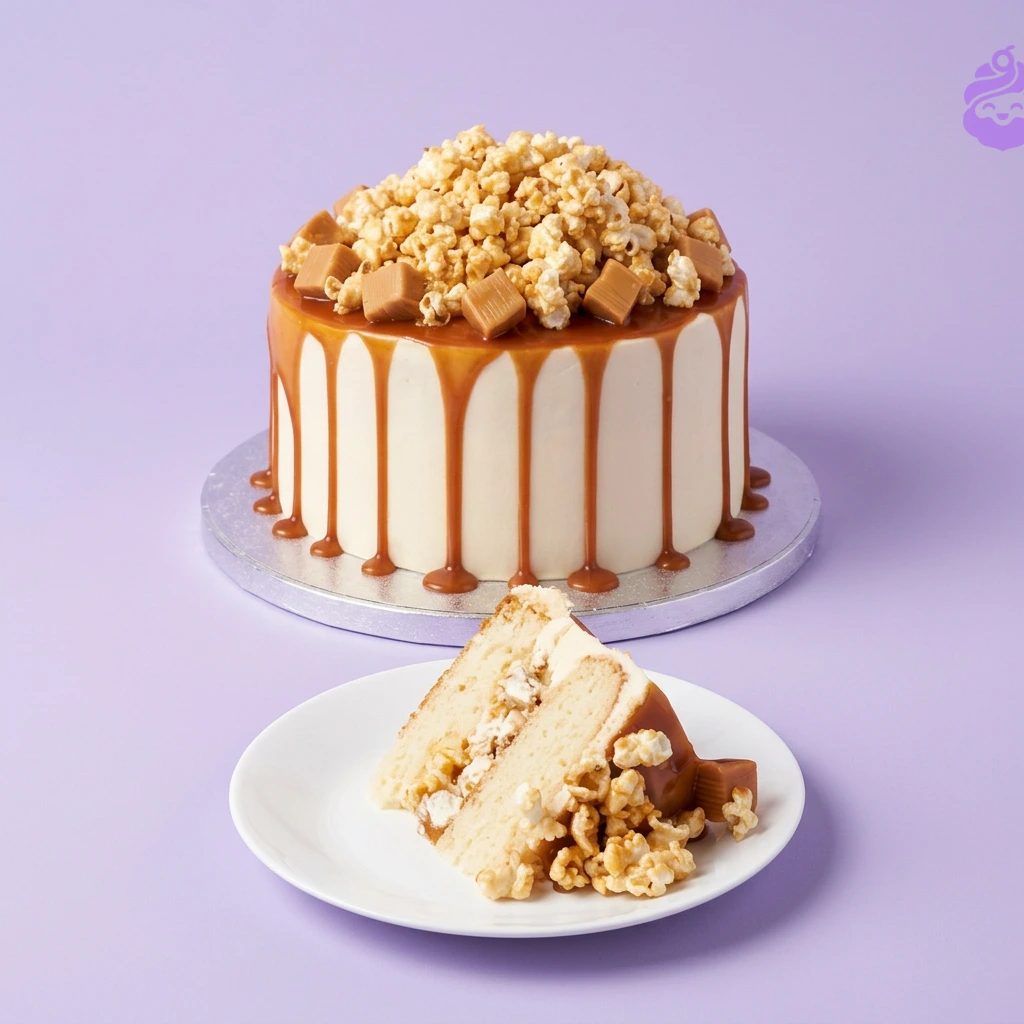 Caramel Popcorn White Drip Cake White single-tier cake with caramel drip topped with popcorn and caramel squares