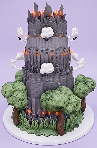 A grey, green, white, and orange 3 Tier Fondant cake themed around Castle, featuring grey spires, green trees, white clouds, and orange flames. A grey, green, white, and orange 3 Tier Fondant cake themed around Castle, featuring grey spires, green trees, white clouds, and orange flames.