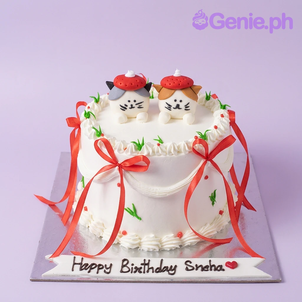 Cat Birthday White Cake A white 1-Tier cake themed around Cat Birthday, featuring two cat toppers wearing red berets, red ribbons, and green icing accents.