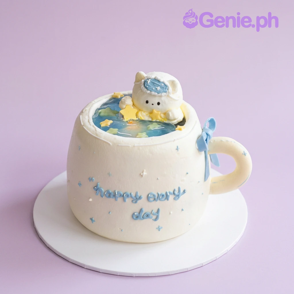 Cat Mug White Birthday Cake White mug-shaped cake with a white cat character topper and blue icing message