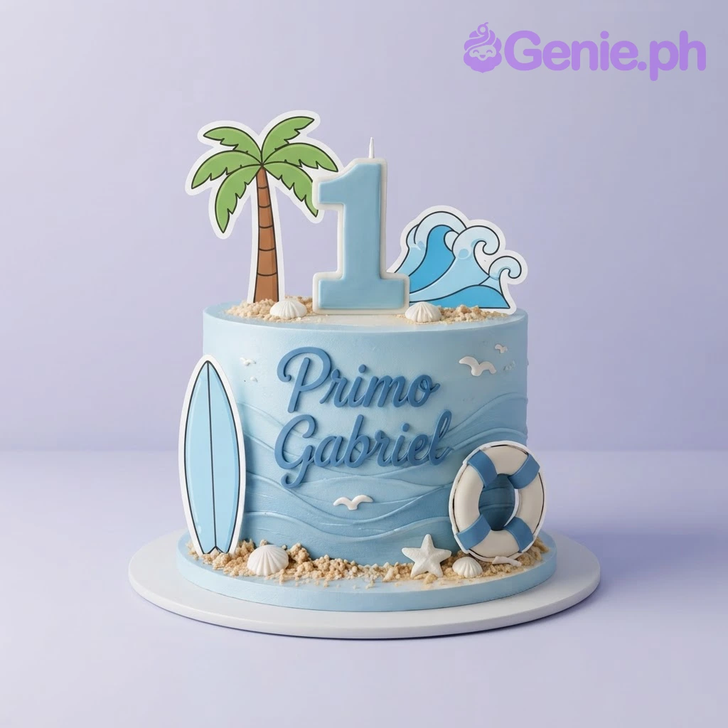 Beach Theme Sky Blue Birthday Cake Light blue 1-tier cake with soft icing, beach theme printouts, number one candle, and a custom name message