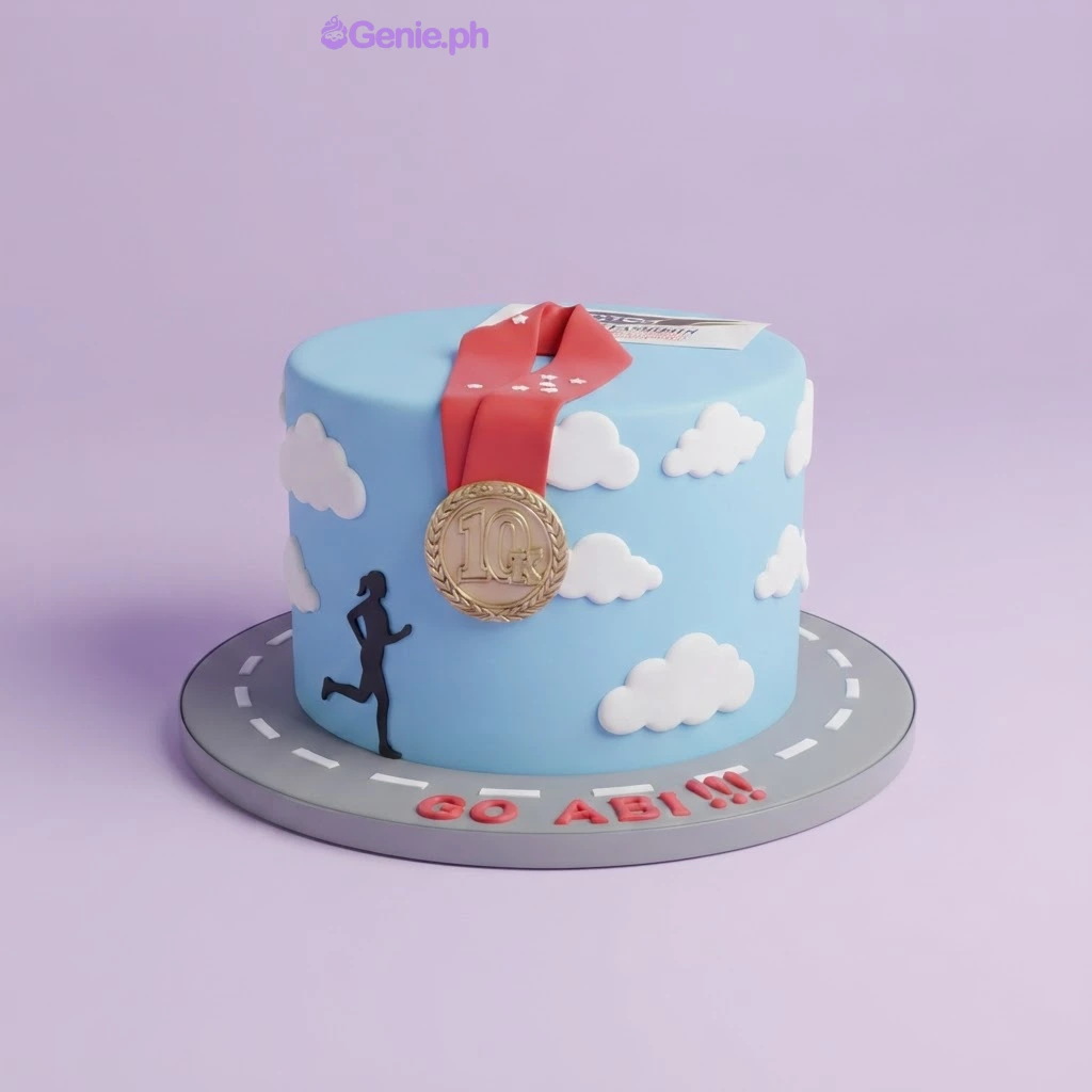 Sky blue 1-tier fondant cake with a gold medal topper, white clouds, a black runner silhouette, and a road-themed base board