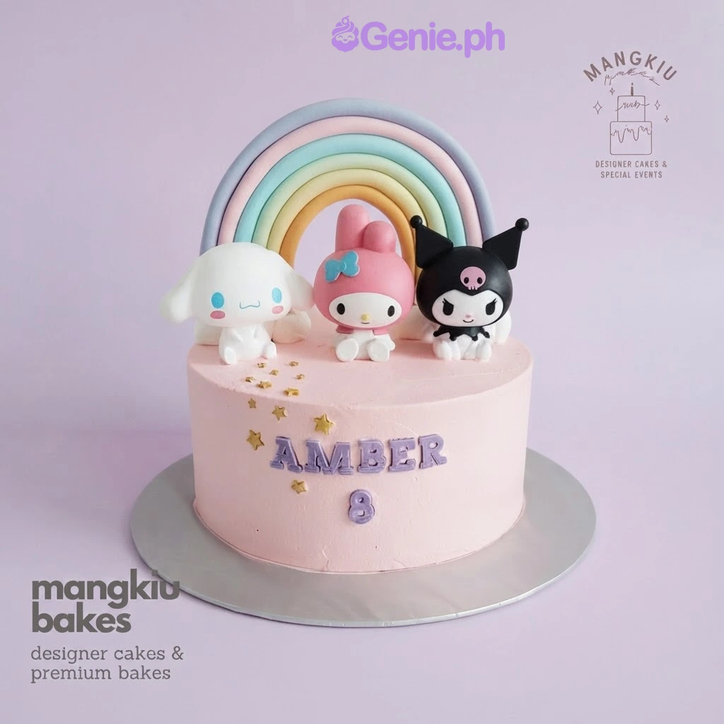 Sanrio-Inspired Birthday Pink Cake Pink 1-tier soft icing cake with Sanrio character figures, a pastel rainbow arch, and gold star accents