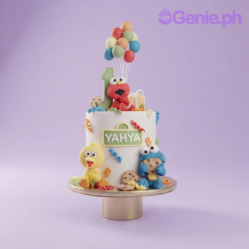 Sesame Street-Inspired White Birthday Cake White fondant cake featuring Elmo, Big Bird, and Cookie Monster figures with a number one and balloon topper