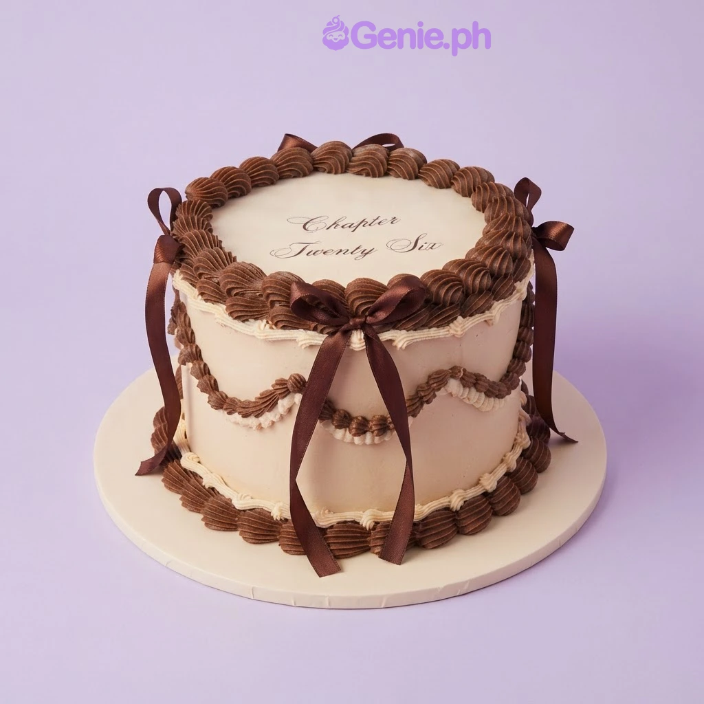 Minimalist Birthday White Cake Beige 1-tier cake with soft icing, brown piped icing borders, brown fabric ribbon bows, and a printed message topper
