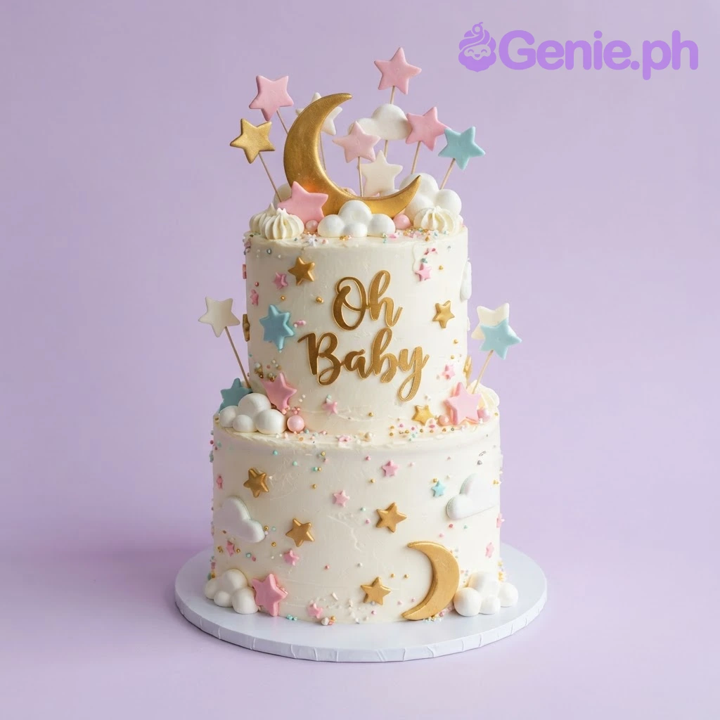 Celestial Baby Shower White Glitter 2-Tier Cake White 2-tier cake with soft icing, Celestial Baby Shower theme, large gold crescent moon, and pink fondant stars
