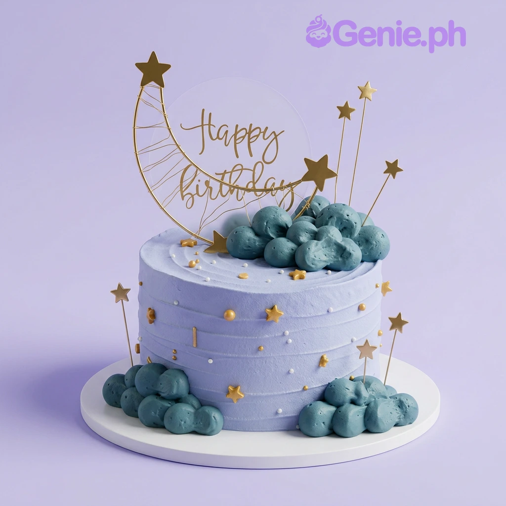 Celestial Moon Sky Blue Birthday Cake A light blue and gold 1 Tier cake themed around Celestial Moon, featuring a gold moon topper, gold stars, and blue clouds.