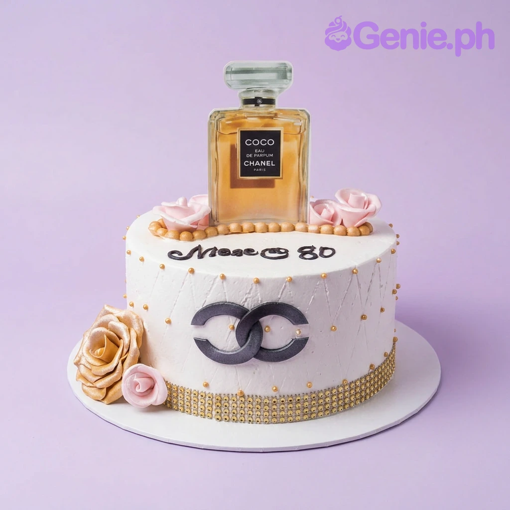 Chanel Perfume White Floral Cake A white 1-tier cake themed around Chanel perfume, featuring a Coco Chanel bottle printout, pink and gold roses, and gold accents.