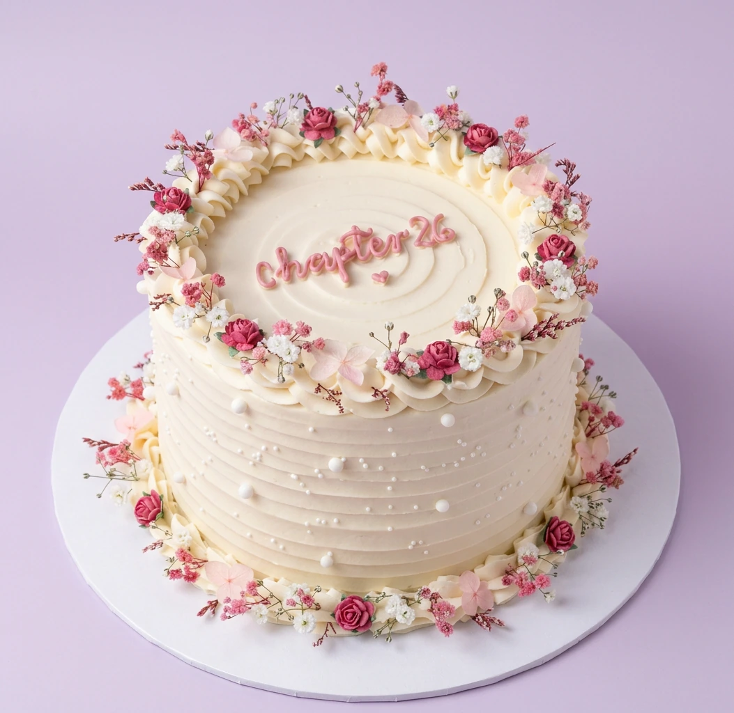 Elegant white 1-tier birthday cake with horizontal ridges, pink and white floral borders, and 'Chapter 26' piped in pink icing on top. Elegant white 1-tier birthday cake with horizontal ridges, pink and white floral borders, and 'Chapter 26' piped in pink icing on top.