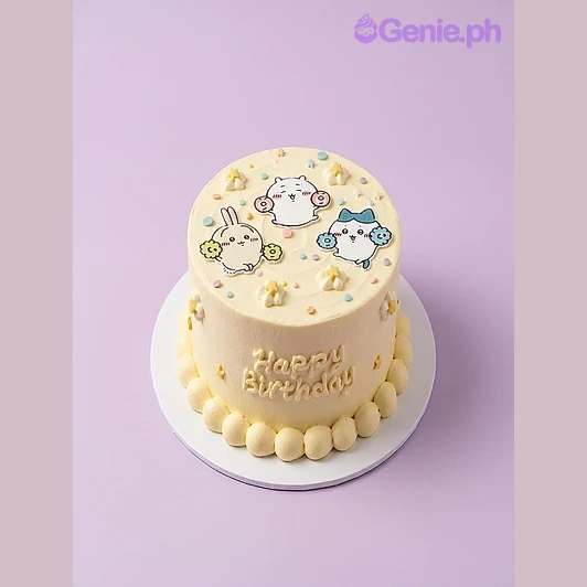 Character Ivory Cake One tier soft iced cake with three character printouts, colorful sprinkles, and a piped icing border